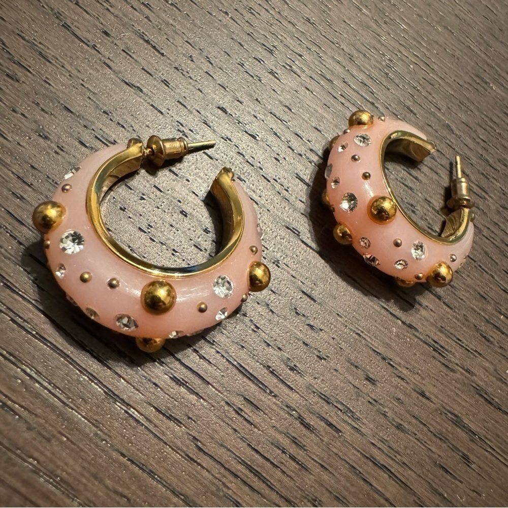 Celine Phoebe Philo Peach-Pink Enamel Hoop Earrings – Gold Studs & Crystals - Picture 2 of 6